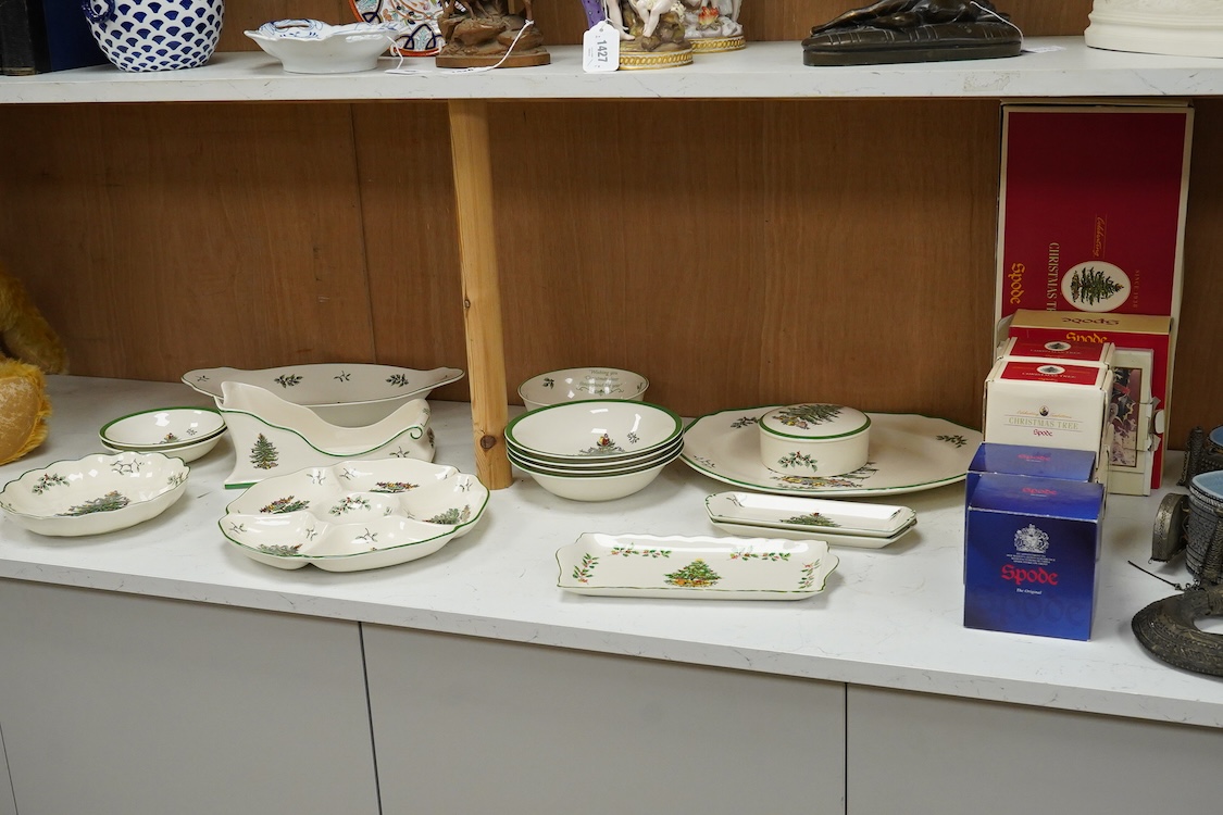 A Spode table service, Christmas Tree pattern. S 3324 to include a set of four bowls, platter and dishes, with some boxes, largest 36cm wide